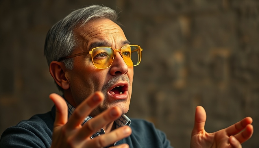 Middle-aged man animatedly discussing indoors, ashwagandha benefits for productivity.