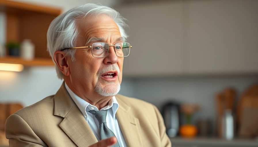 Elderly man in beige suit speaking, kitchen setting.
