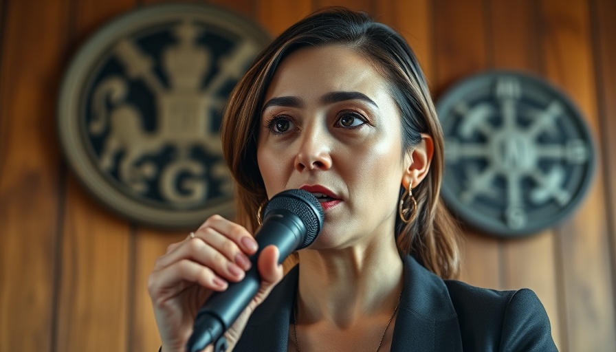 Confident woman speaking into a microphone, indoor setting.