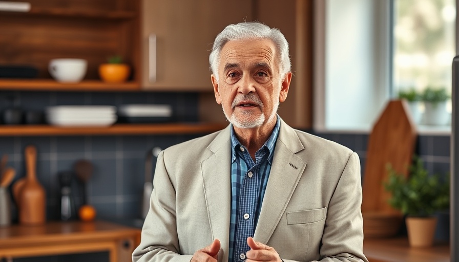 Elderly man in a suit discussing Safer DIY Drain Cleaner Solutions in a kitchen.