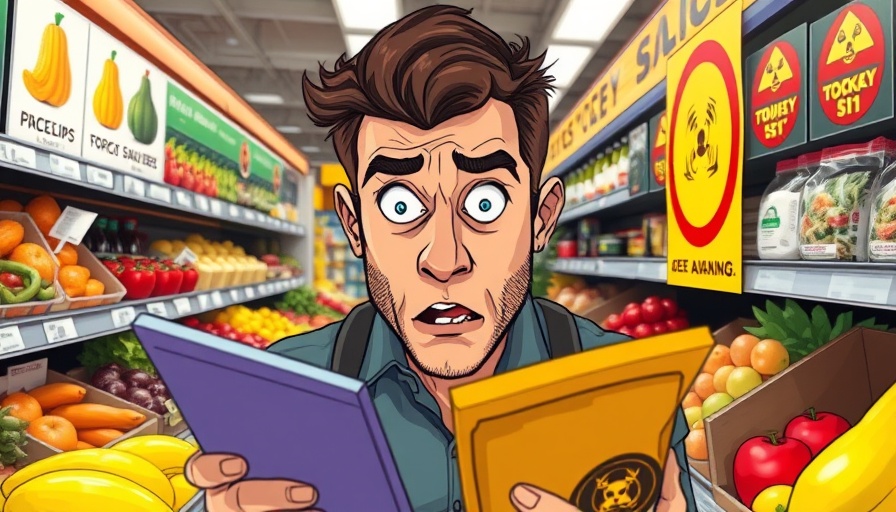 Concerned man reacting to pesticide warning in grocery store, legal immunity for pesticide companies.