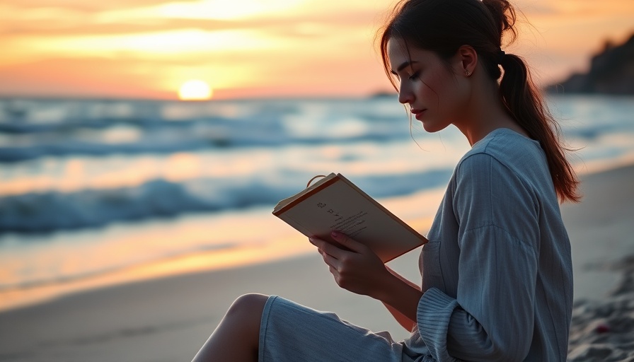 Young woman pondering life at sunset on a beach with a journal.