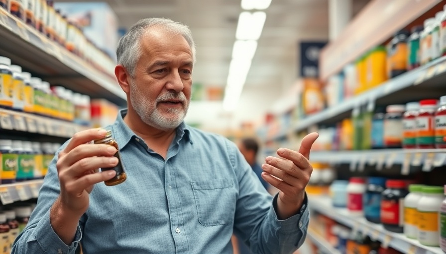 Middle-aged man explaining supplement benefits in health store aisle.