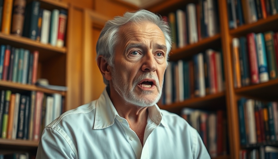 Older man discussing meditation benefits, library setting.