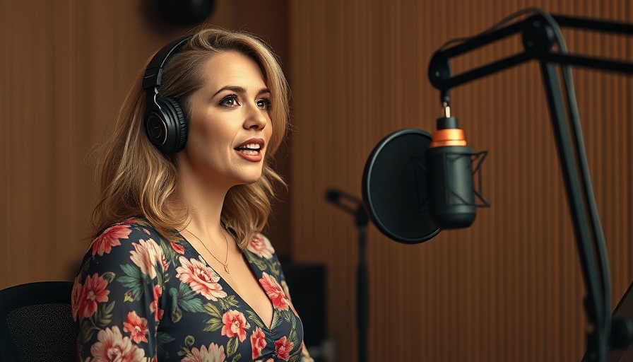 Confident woman in podcast studio, talking passionately.