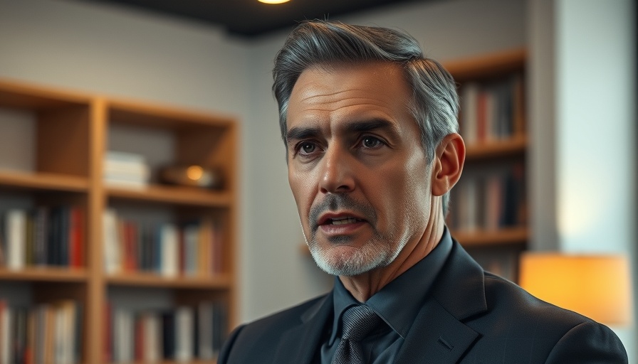 Middle-aged man discussing invisible pressures, modern background.
