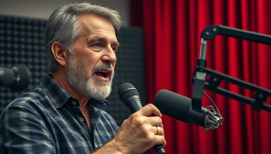 Middle-aged man podcasting passionately in a studio, discussing overstimulation effects on mental health.