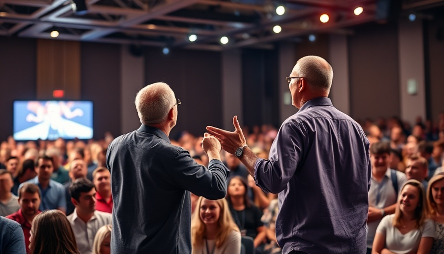 Motivational speaker captivating audience, master your decisions theme.
