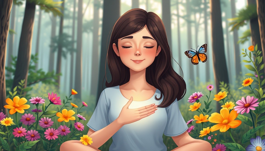 Serene cartoon meditation scene promoting emotional wellness in a vibrant forest.
