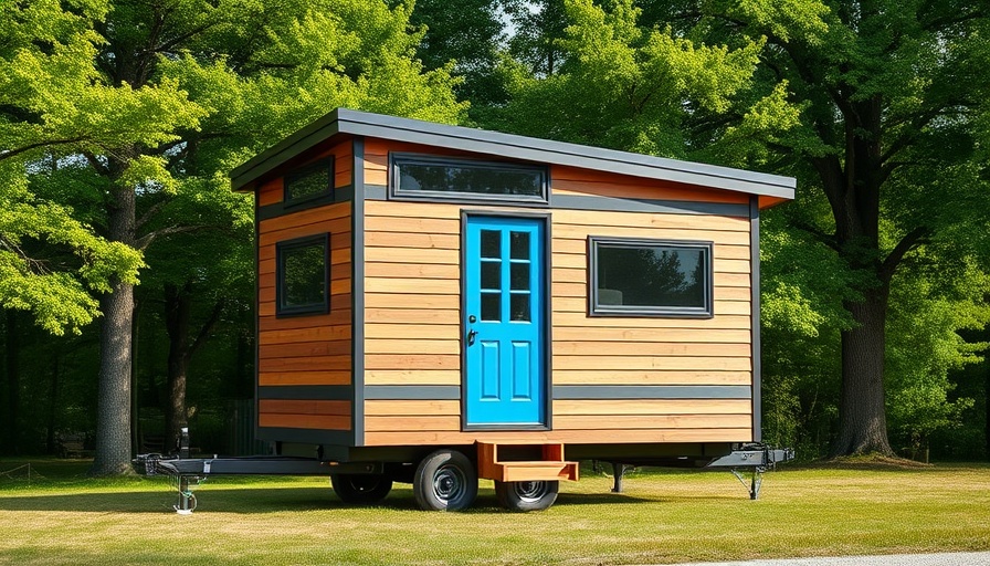 Modern tiny house for first-time home buyers in a green setting.