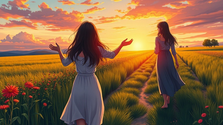 Two women in a field during sunset, symbolizing emotional wellness.