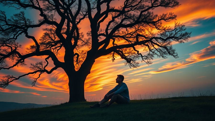 Man reflecting under tree amid vibrant sunset promoting emotional wellness.