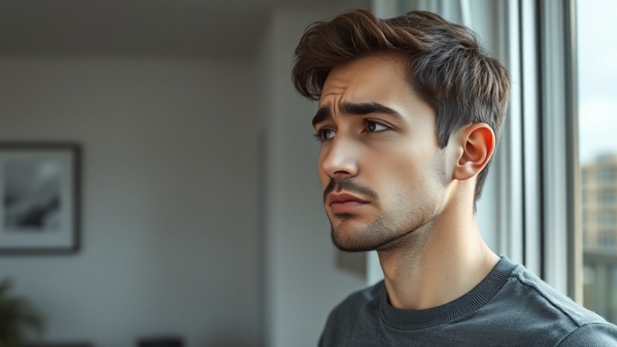 Young man looking out window worried, supporting partner with depression.