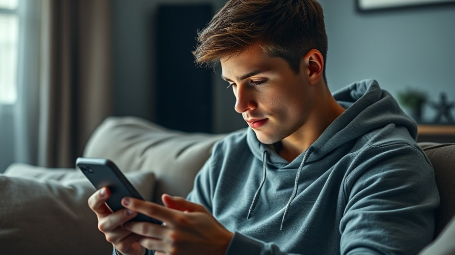 Young male on couch with smartphone, reflecting on social media influence.