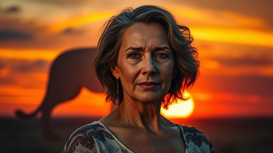Mature woman stands confidently at sunset with glowing lion, emotional wellness