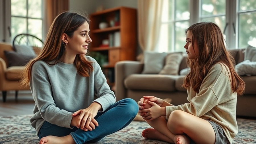 Young woman and teen girl discussing in a cozy living room.
