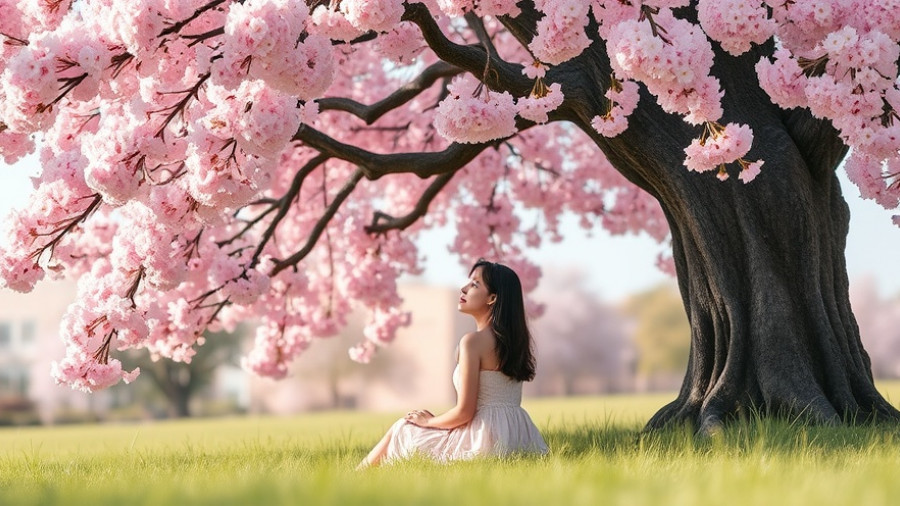 Peaceful woman under cherry blossom tree, embracing serenity.