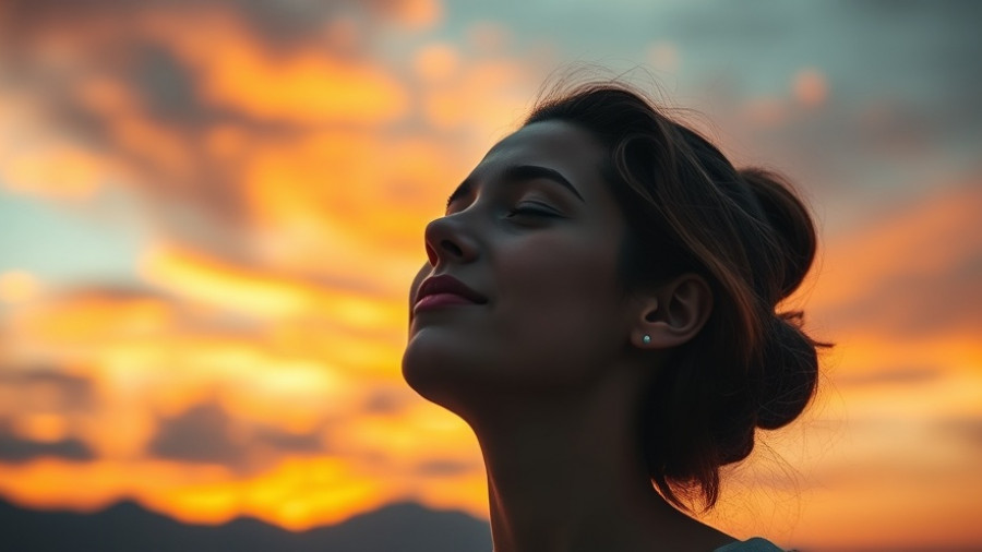 Serene woman embracing emotional wellness during sunset