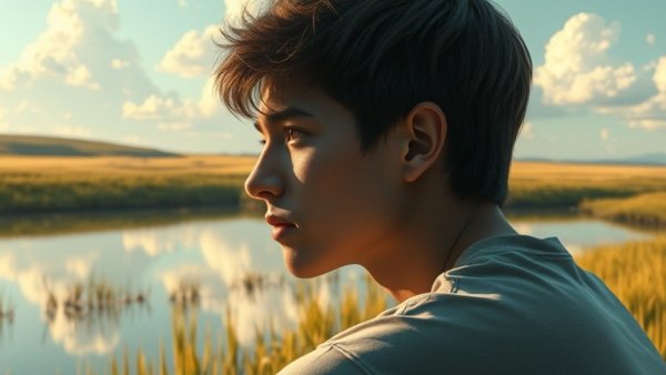 Reflective young man by a pond symbolizing emotional wellness.