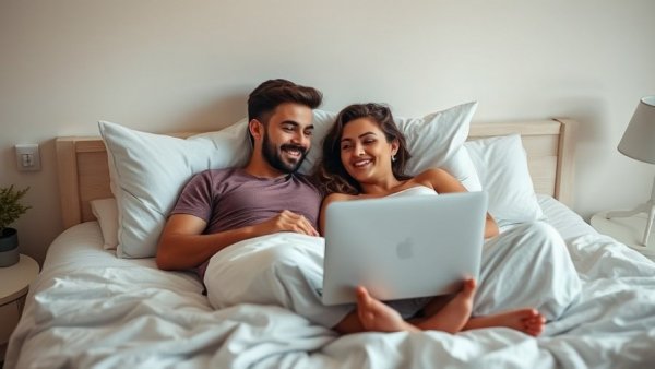 Couple engaging in online relationship therapy in bed.