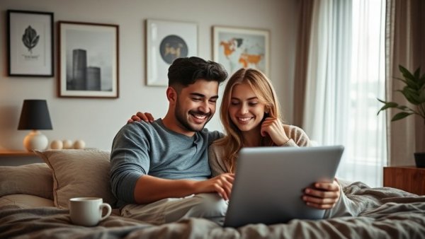 Couple relaxing in bed, looking at a laptop, strengthening their relationship.