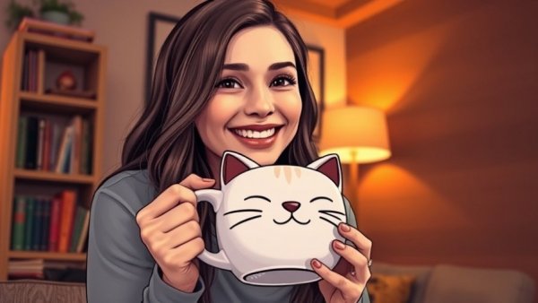 Young woman smiling, enjoying emotional wellness, in cozy room.