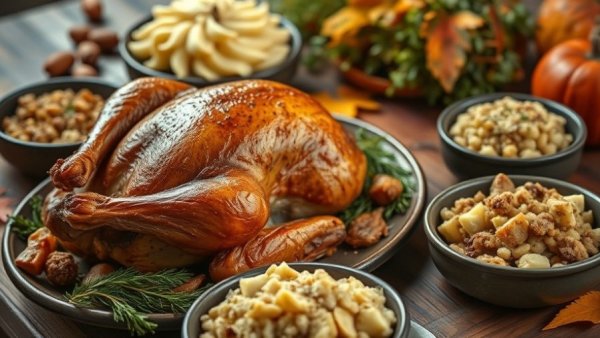 Low-calorie Thanksgiving recipes with turkey and sides on a table.