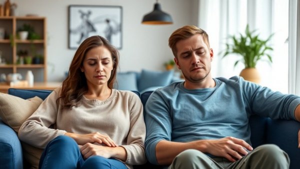 Stressed couple experiencing relationship burnout on a blue sofa in a modern living room.