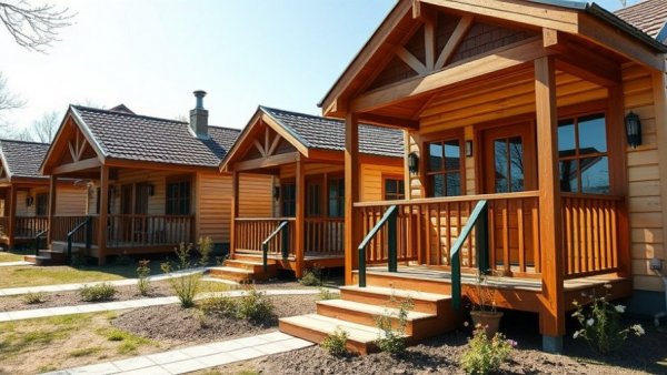Charming micro cottages with wooden porches in a sunny micro cottage neighborhood.