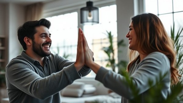 Smiling couple high-fiving in a cozy living room.