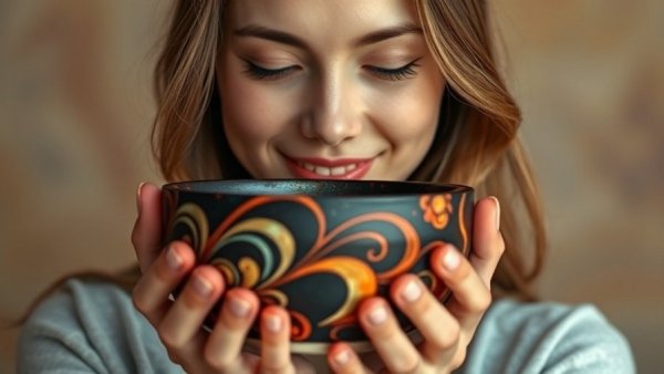 Serene young woman with Kintsugi bowl, emphasizing the power of self-compassion.