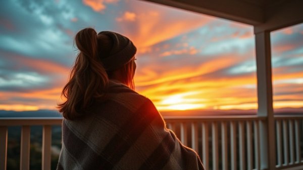 Peaceful woman watches sunset, reflecting on self-growth and burnout.