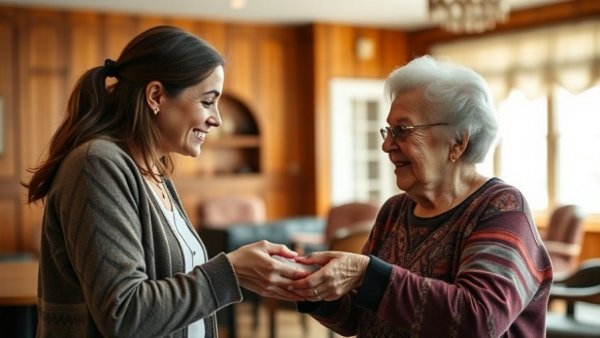 Warm interaction in a senior living community room.