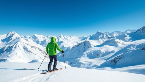 Skier enjoying snowy mountain view promoting cold-weather sports wellness.