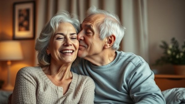 Elderly couple enjoying intimate moment, highlighting sexual health after 50.