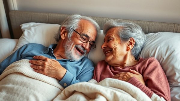 Elderly couple showing affection in bed, highlighting health benefits of intimacy after 50.