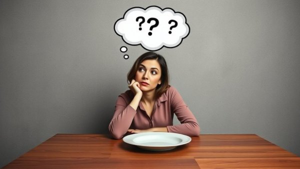 Food Noise concept art of a woman pondering with abstract thoughts.