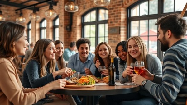 Casual group dining, discussing food intolerance testing benefits.