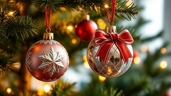 Festive holiday ornaments on a Christmas tree for self-care strategies.