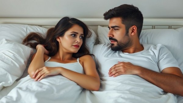 Couple in bed with mismatched sex drives, emotional tension.