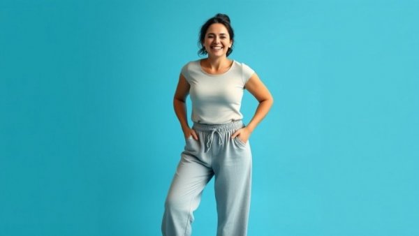 Happy woman in large pants post-SADI weight loss surgery