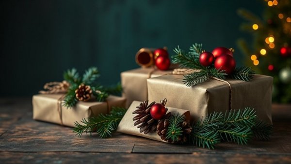 Cozy rustic holiday gifts with greenery and ornaments for festive atmosphere.