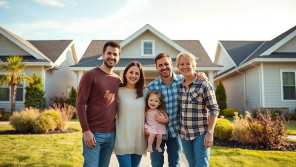 Family in front of new house celebrating forever home after military retirement.