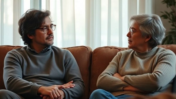 Couple in counseling session contemplating relationships.