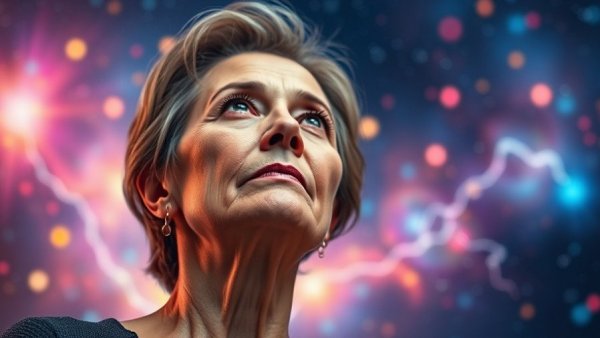 Menopause and hidden trauma illustrated through woman's gaze.