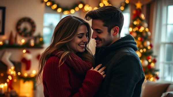 Young couple enjoying holiday in cozy room, highlighting holiday stress couples.