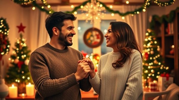 Joyful couple at festive gathering, exemplifying holiday stress management for couples.