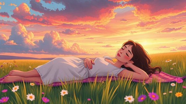 Emotional wellness scene with woman relaxing in a meadow at sunset.