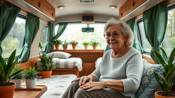 Senior woman enjoying van life with cozy customized interior, highlighting Affordable Van Life for Seniors.
