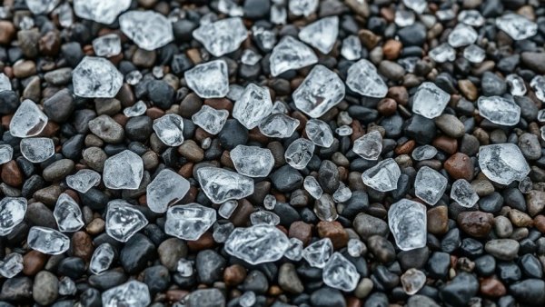 Close-up of hailstones on pebbled surface, showcasing weather impact.